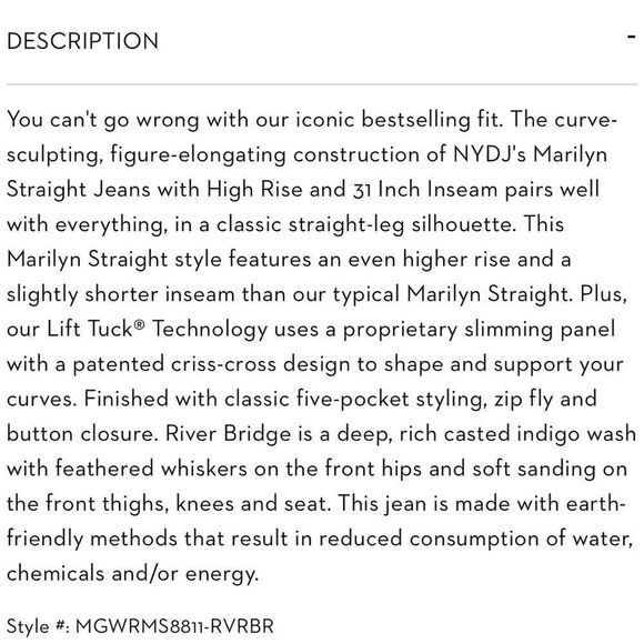 NYDJ Marilyn Straight Jeans High Waist Stretch Dark Riverbridge 31" Inseam 10 - Picture 8 of 15